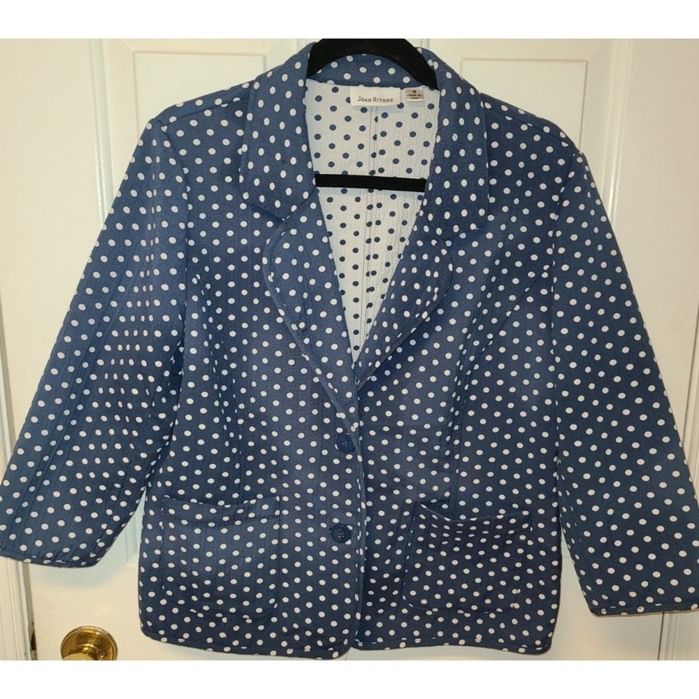 Joan Rivers Polka Dot Blazer Jacket Size M Royal Blue White 3/4 Sleeves Classic